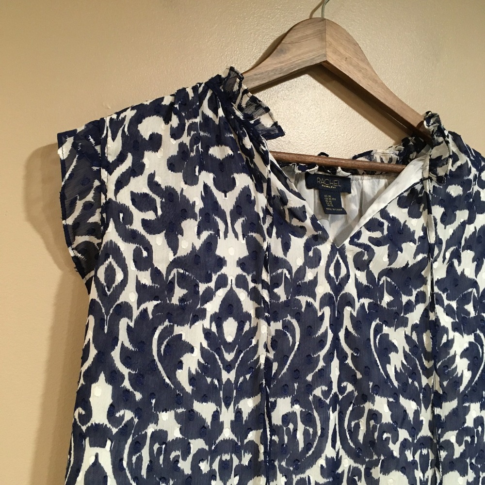 Rachel Roy Damask Blouse Womens XL Navy Blue Boho Resort Lightweight Office Work - Picture 2 of 11